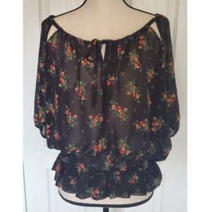 Guess Sheer Floral Peasant Top Women's Size XS Black Floral